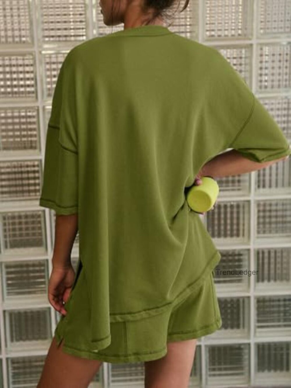 Womens 2 Piece Lounge Set Cotton Blend Oversized Top Elastic Waist Shorts - Picture 3 of 6